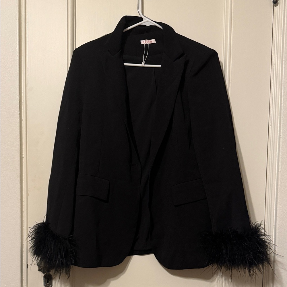 Chic Black Blazer with Feather Cuffs